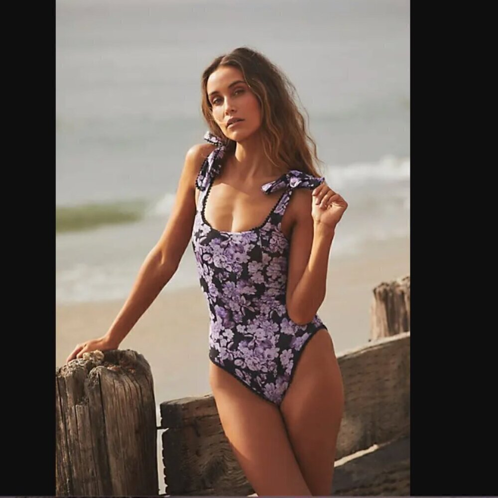 Beach Riot Sydney Black Purple Floral Tie Shoulder One Piece Swimsuit L